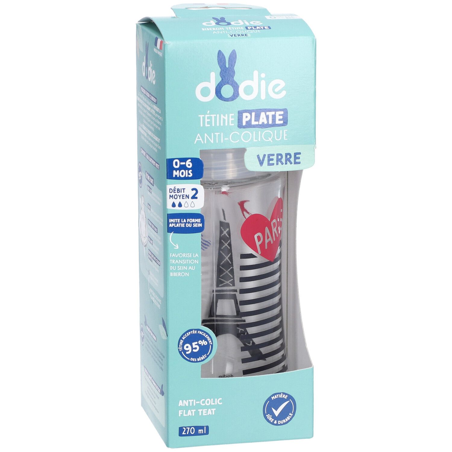 Biberon Dodie, motif Paris. Tétine plate, anti-colique. 270 ml. Emballage avec informations produit.