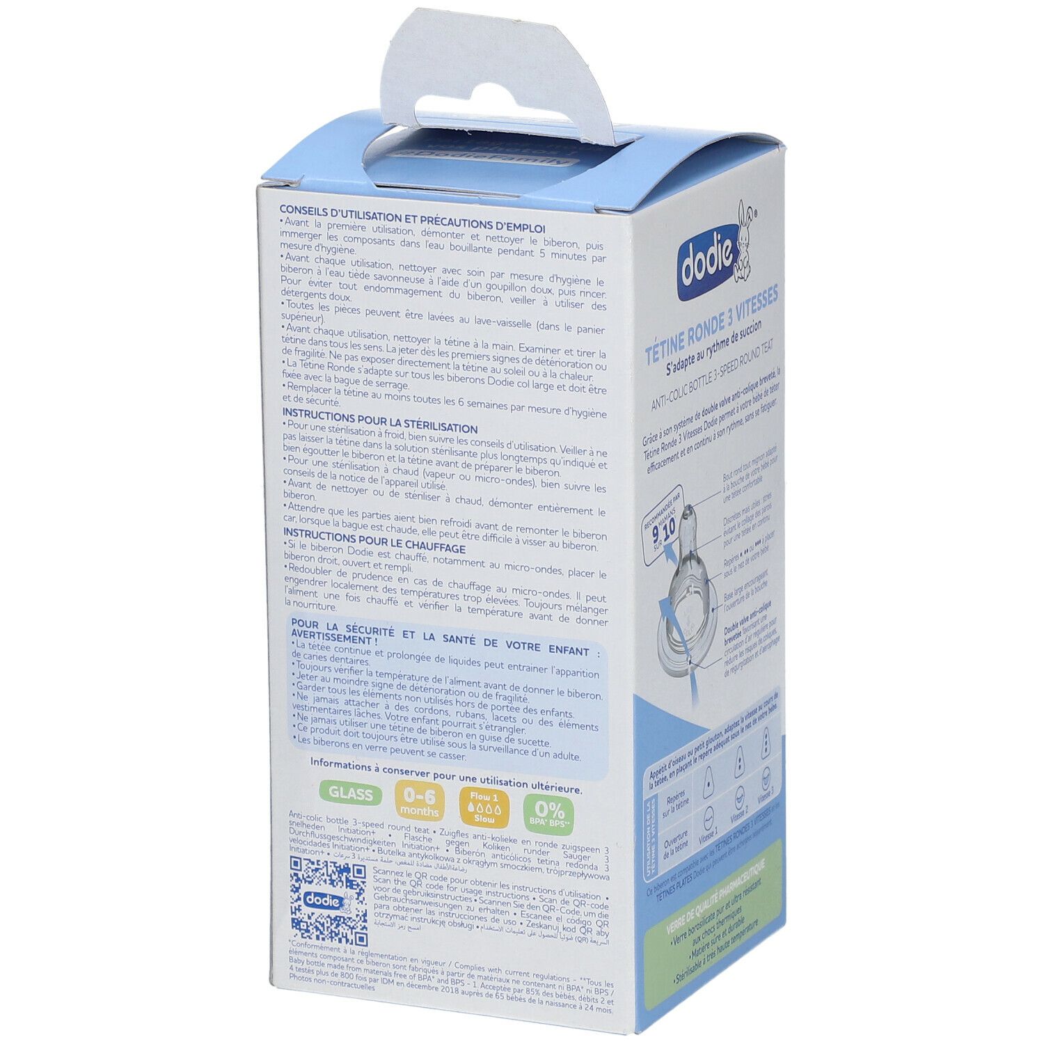 Achterkant verpakking babyfles. Gebruiksaanwijzing en sterilisatie-instructies.