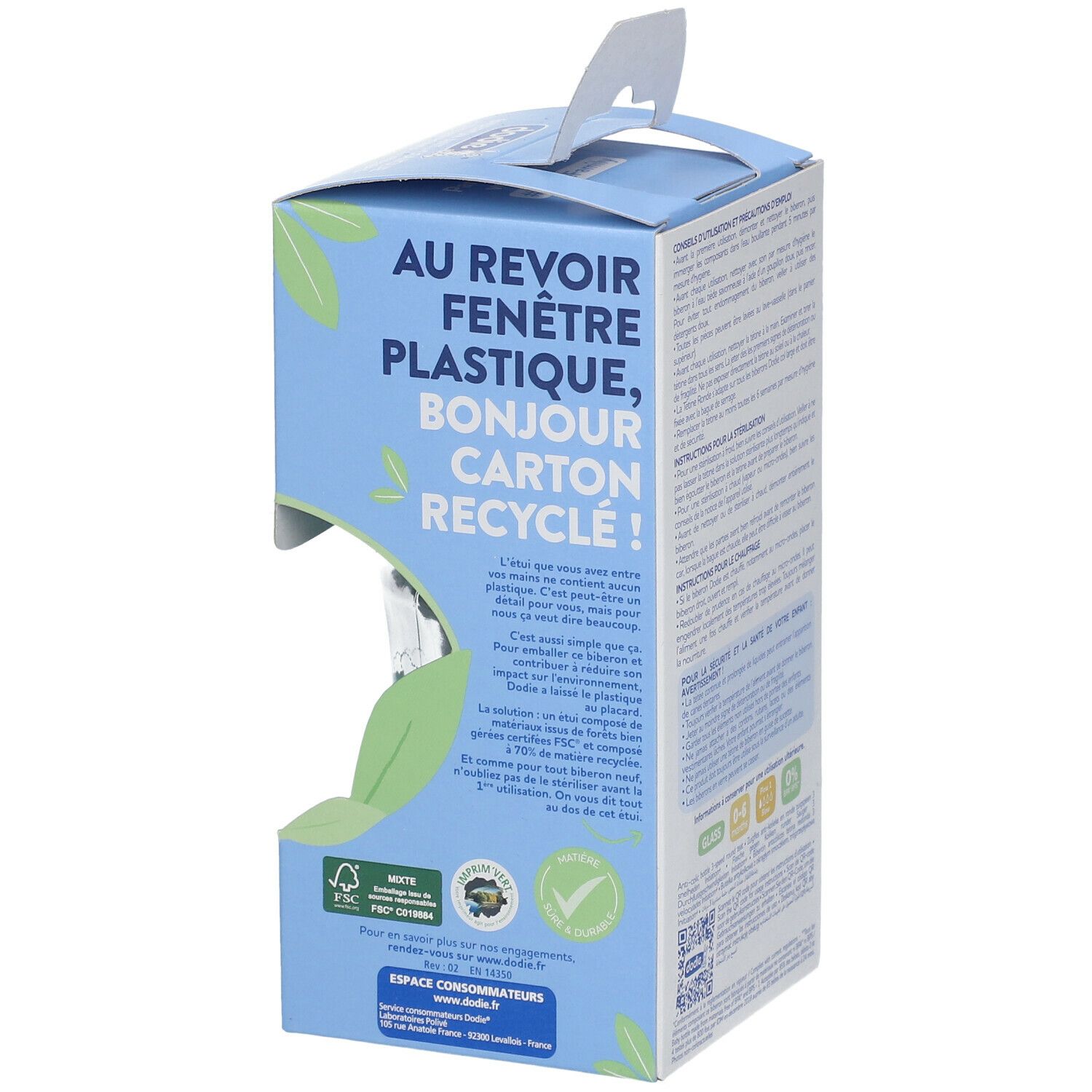 Verpakking met tekst: 'Vaarwel plastic venster, hallo gerecycled karton!' FSC-certificering.