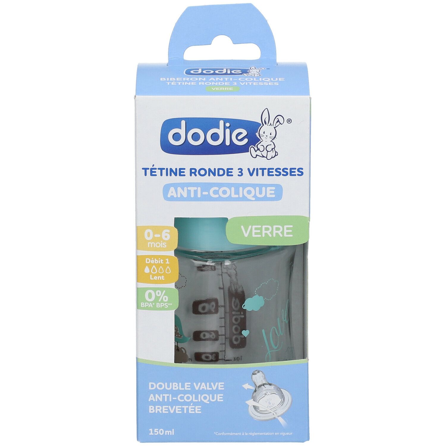 Babyfles met ronde speen, 3 snelheden, anti-koliek. Glazen fles in verpakking.