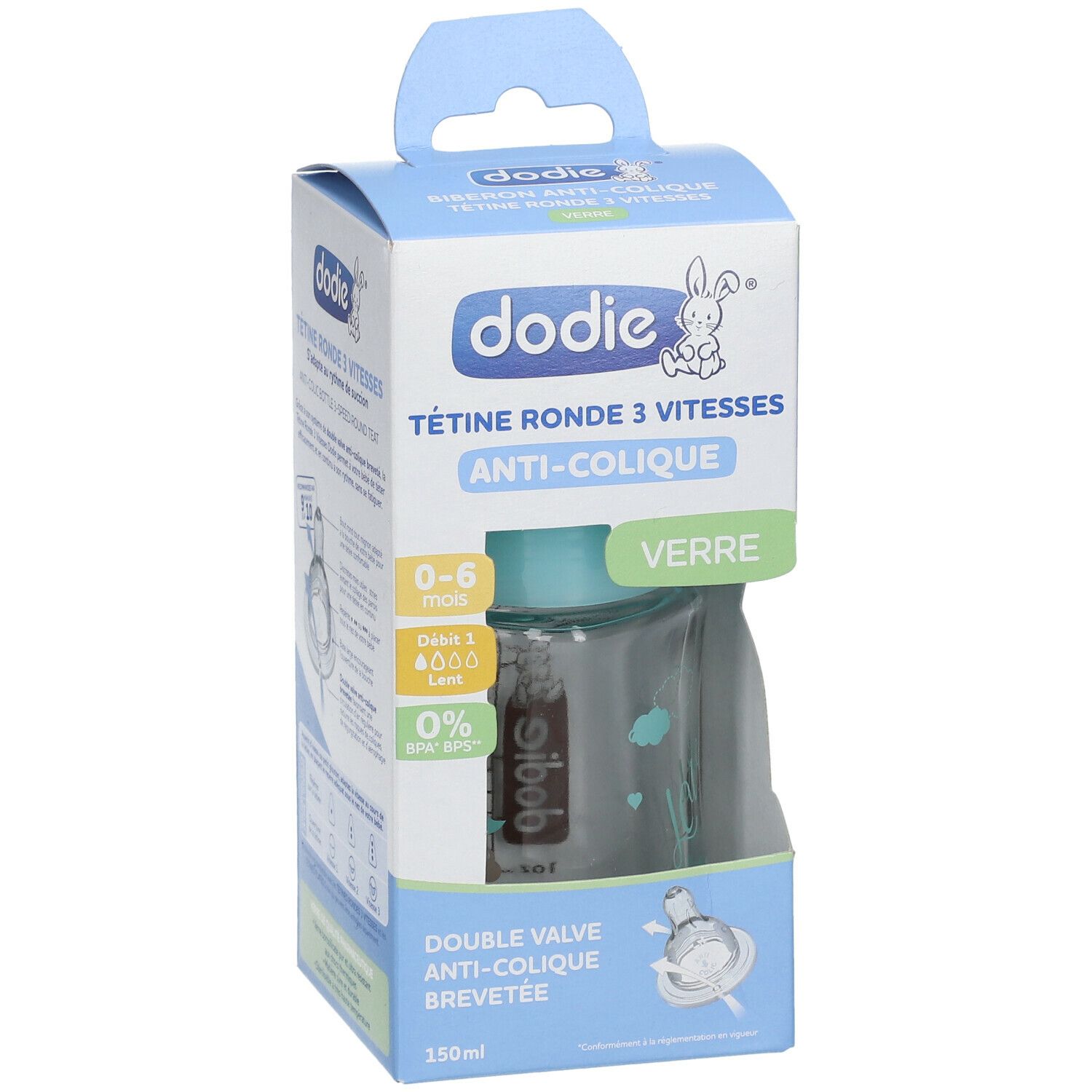 Babyfles met ronde speen, 3 snelheden, anti-koliek. Glazen fles in verpakking.