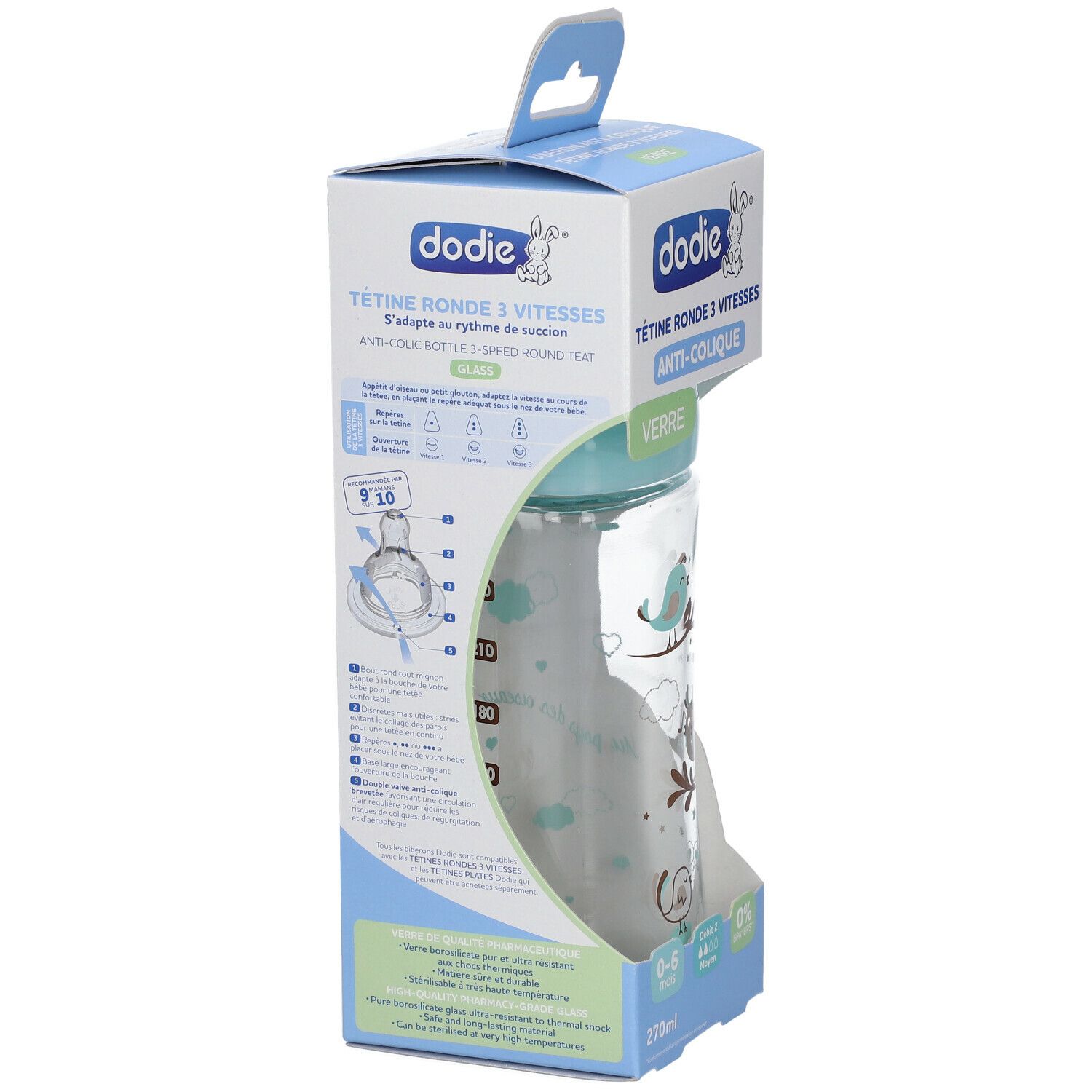 Babyfles in verpakking. Opschriften: dodie, Tétine ronde 3 vitesses, Anti-colique, Verre. Illustraties van gebruik.