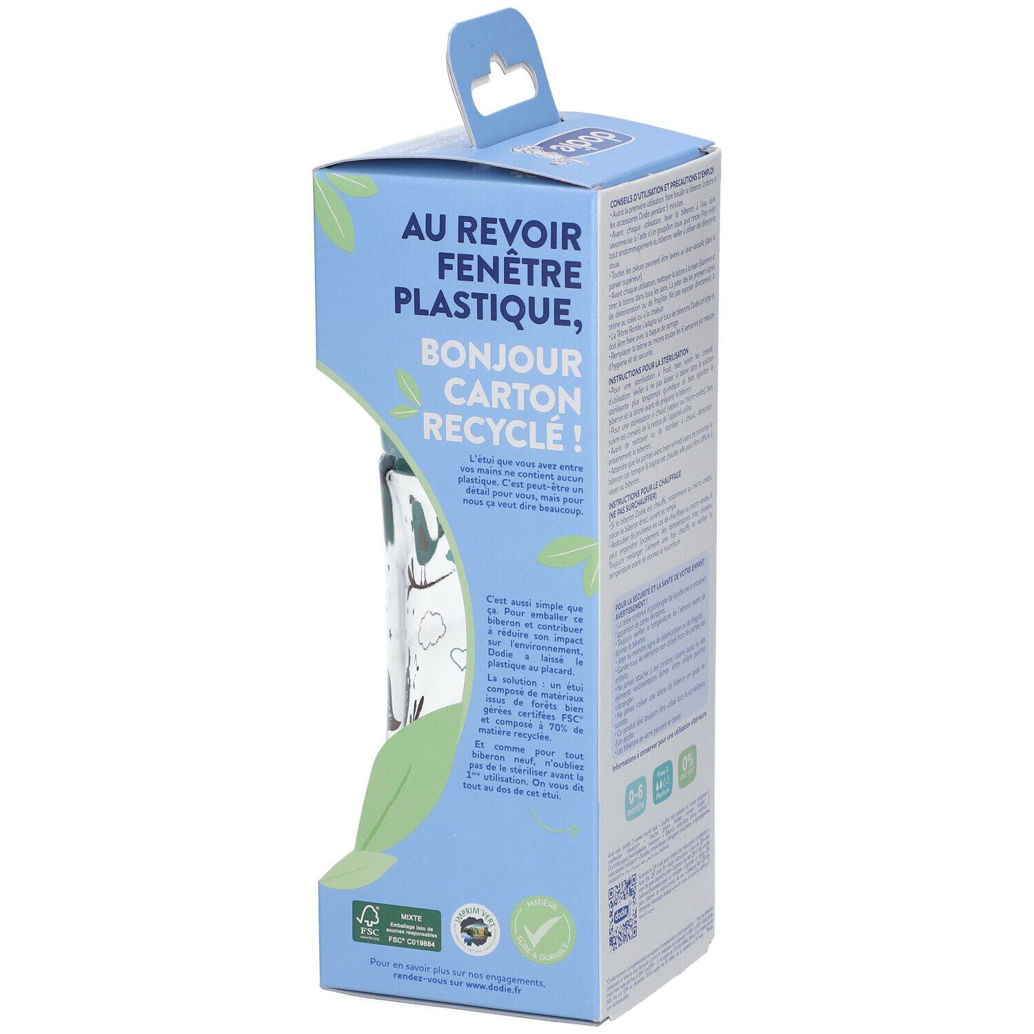 Verpakking met tekst: dodie, Tétine ronde 3 vitesses, Anti-colique, Verre. Tekst over recycling.