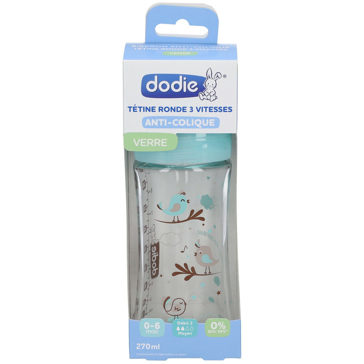 Glazen babyfles met blauwe dop en vogeldecoratie in verpakking. Tekst: dodie, Tétine ronde 3 vitesses, Anti-colique, Verre.