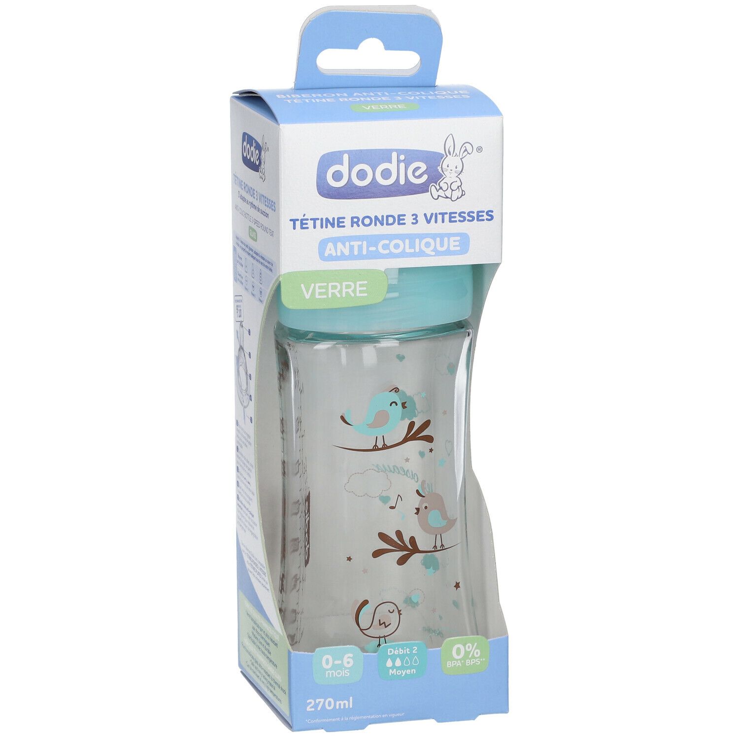 Glazen babyfles met blauwe dop en vogeldecoratie in verpakking. Tekst: dodie, Tétine ronde 3 vitesses, Anti-colique, Verre.