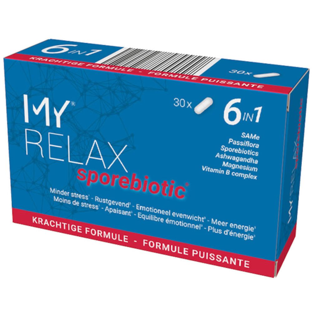 Boîte bleue et blanche "MY® RELAX sporebiotic". Contient 30 gélules. Inscription: 6 en 1, SAMe, Passiflora, Ashwagandha, Magnésium, Vitamine B complexe.