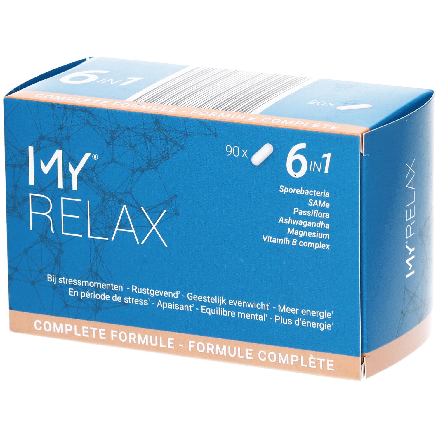 Boîte bleue et orange avec logo "MY RELAX". Contient 90 gélules. Inscription : 6 en 1, bactéries à spores, SAMe, Passiflore, Ashwagandha, Magnésium, Vitamine B.