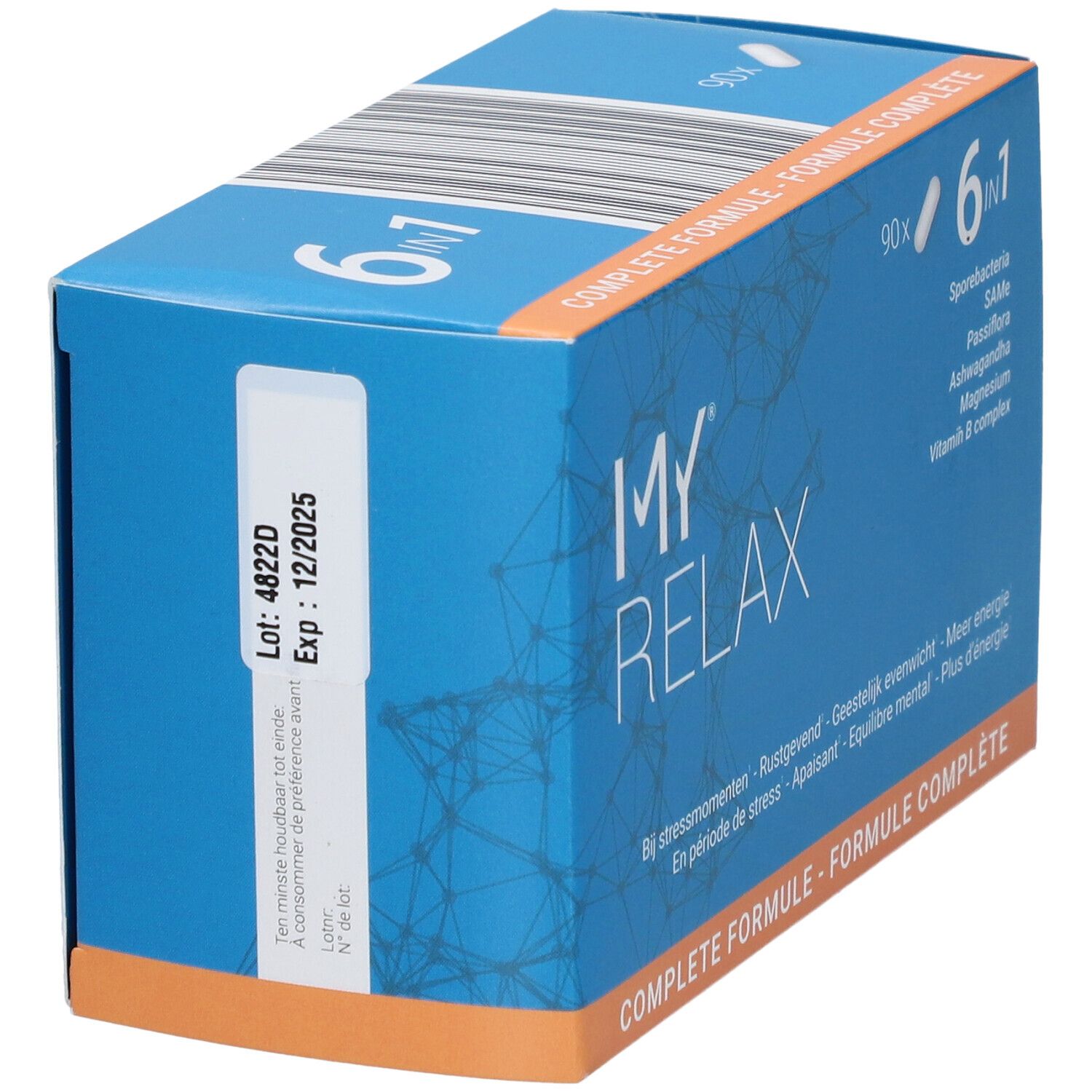 Boîte bleue avec logo "MY RELAX". Contient 90 gélules. Sur le côté : date de péremption. Inscription : 6 en 1, bactéries à spores, SAMe, Passiflore, Ashwagandha, Magnésium, Vitamine B.