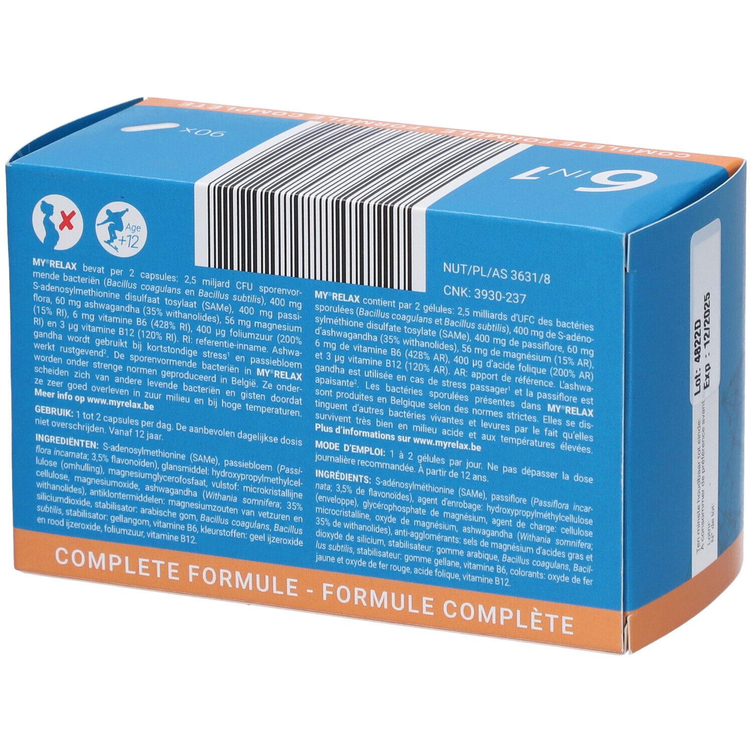 Boîte bleue avec logo "MY RELAX". Contient 90 gélules. Arrière avec ingrédients et mode d'emploi. Inscription : 6 en 1, bactéries à spores, SAMe, Passiflore, Ashwagandha, Magnésium, Vitamine B.