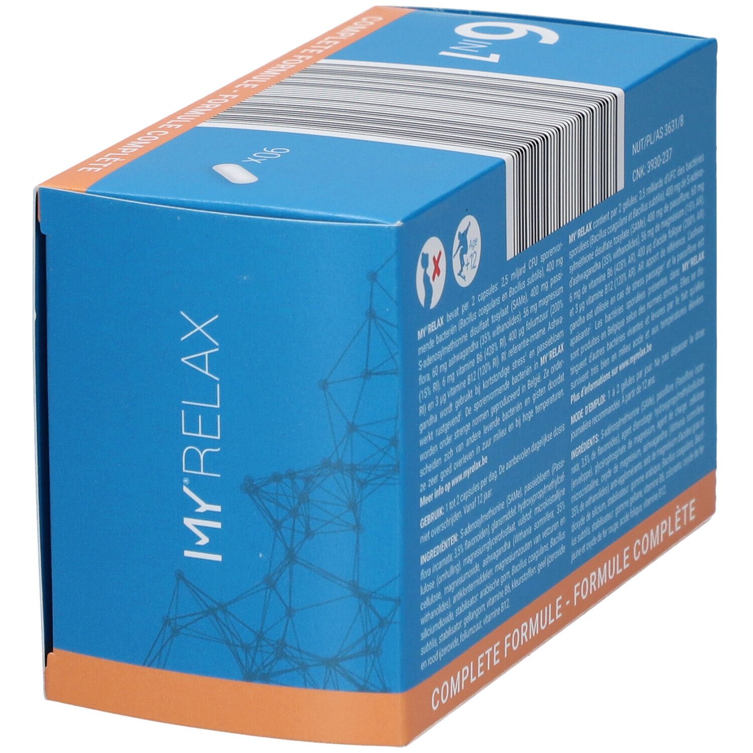Boîte bleue avec logo "MY RELAX". Contient 90 gélules. Côté avec code-barres et texte. Inscription : 6 en 1, bactéries à spores, SAMe, Passiflore, Ashwagandha, Magnésium, Vitamine B.