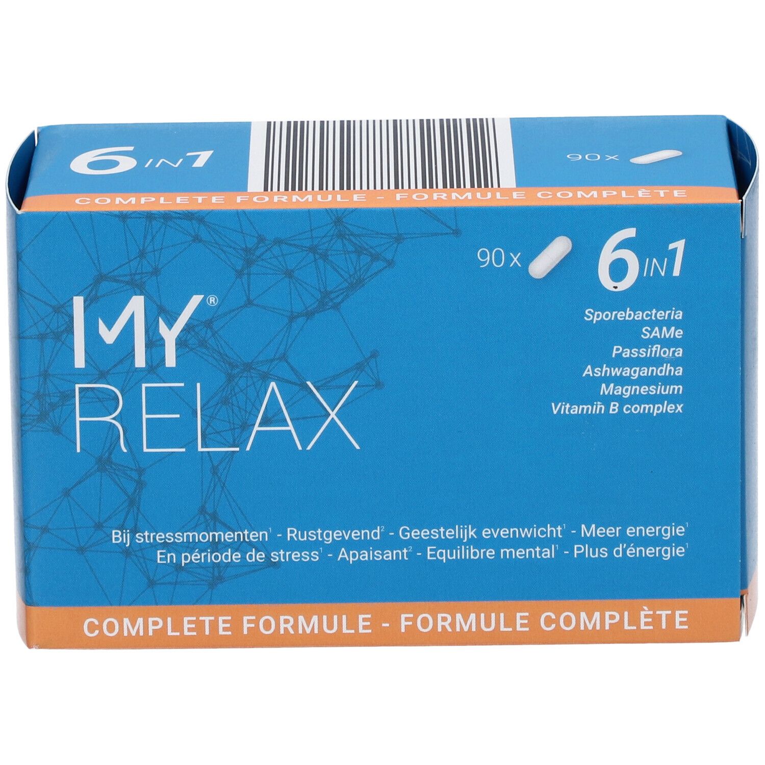 Boîte bleue avec logo "MY RELAX". Contient 90 gélules. Inscription : 6 en 1, bactéries à spores, SAMe, Passiflore, Ashwagandha, Magnésium, Vitamine B. Texte : En période de stress, apaisant.