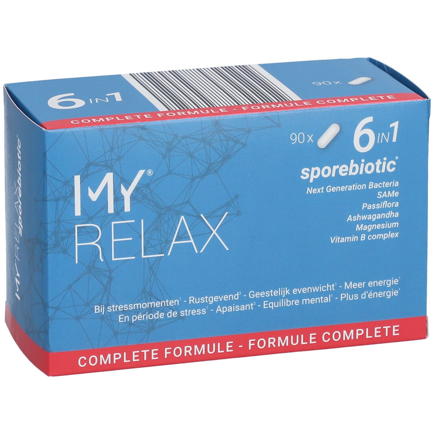Boîte bleue avec logo "MY RELAX". Contient 90 gélules. Inscription : 6 en 1, sporebiotic, SAMe, Passiflore, Ashwagandha, Magnésium, Vitamine B. Texte : En période de stress, apaisant.