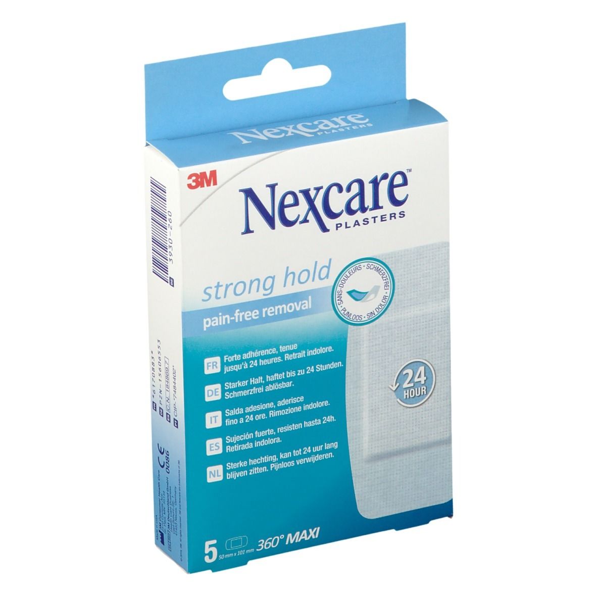Boîte de pansements Nexcare, "strong hold". 5 pièces, 360° Maxi. Adhérence forte, retrait indolore. 24 heures.
