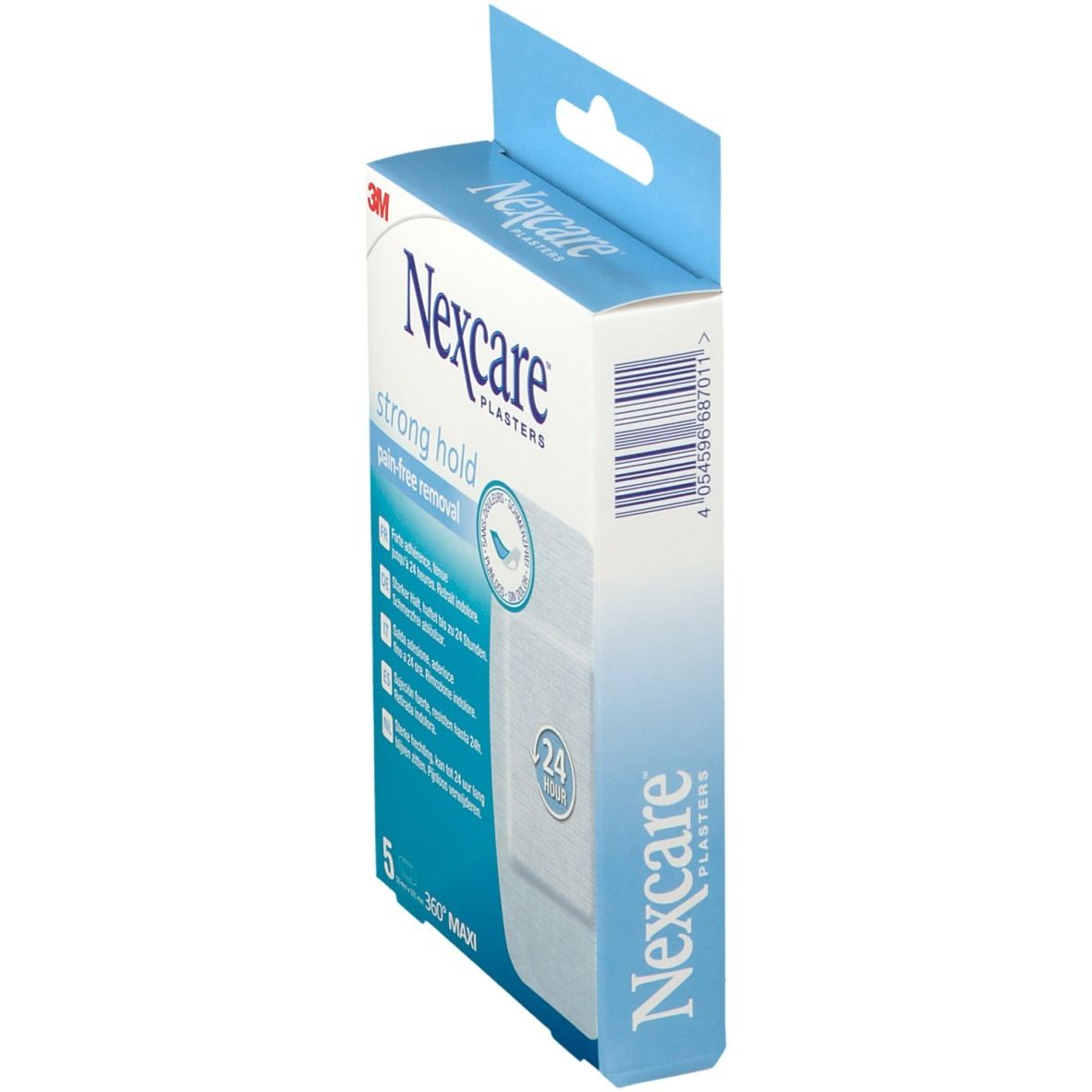 Vue latérale de la boîte de pansements Nexcare, "strong hold". 5 pièces. Adhérence forte, retrait indolore. 24 heures.