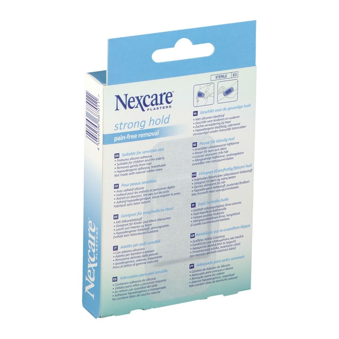 Dos de la boîte de pansements Nexcare, "strong hold". Informations sur l'utilisation et les ingrédients.