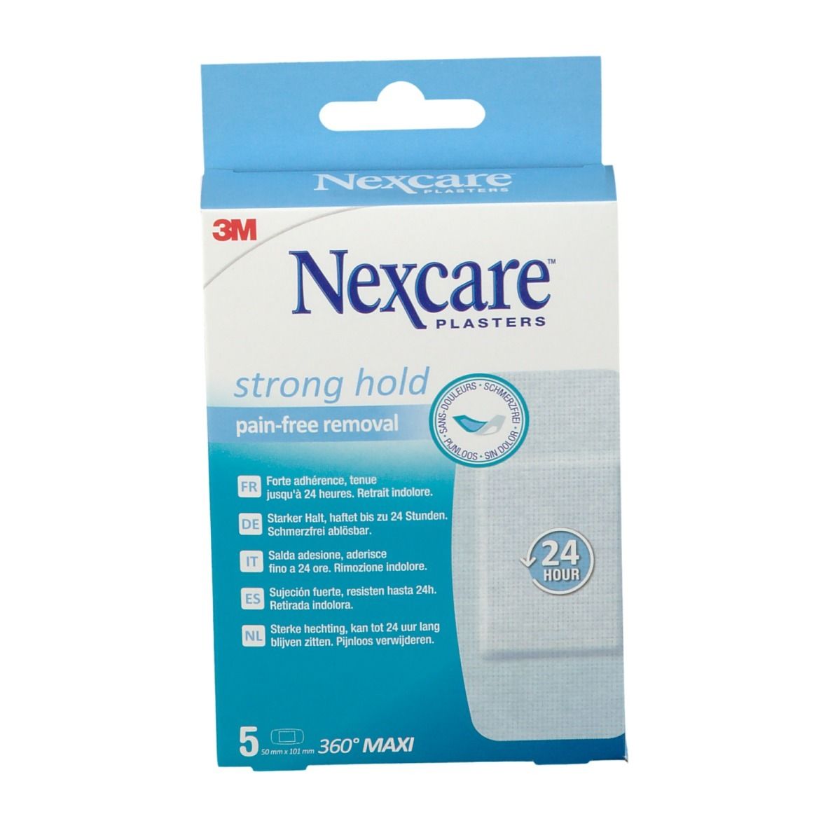 Boîte de pansements Nexcare, "strong hold". 5 pièces, 360° Maxi. Adhérence forte, retrait indolore. 24 heures.