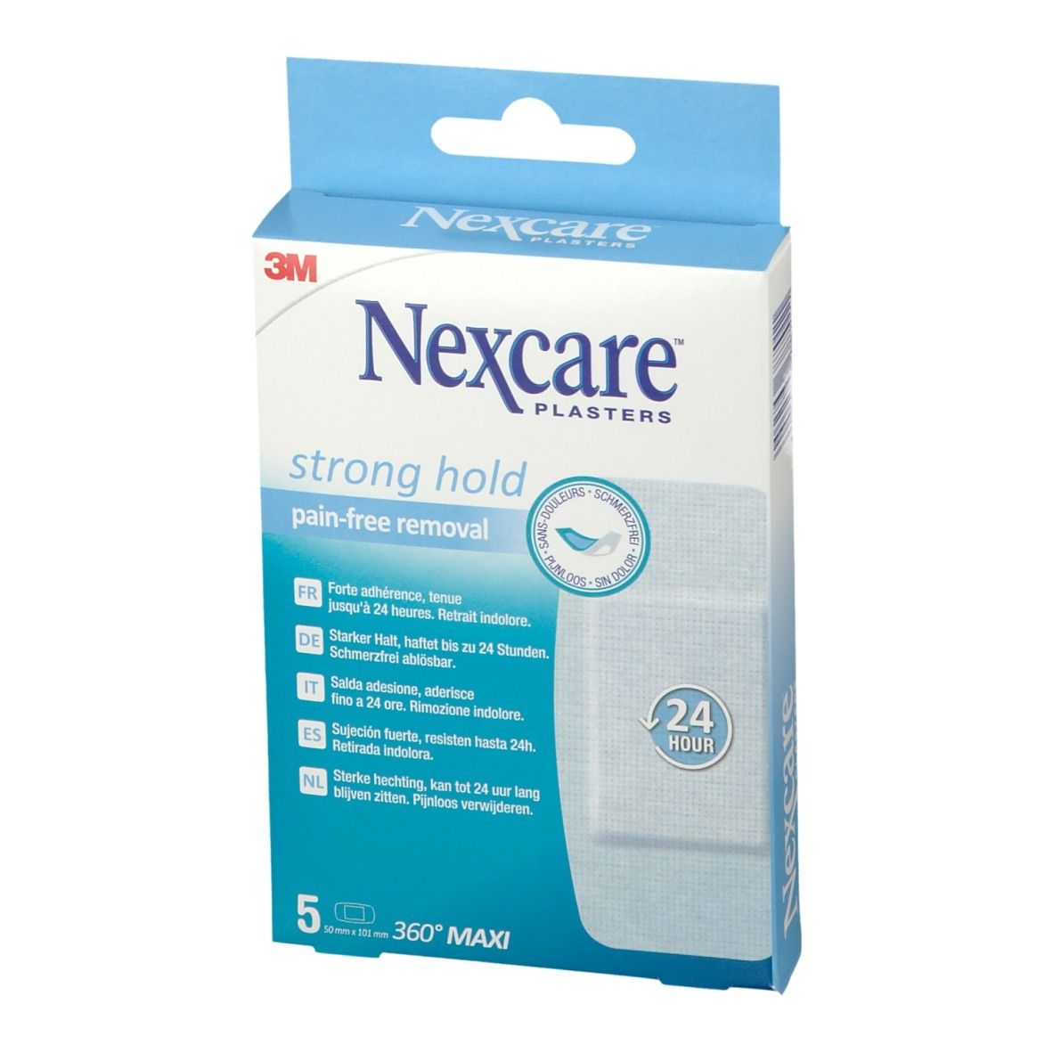 Boîte de pansements Nexcare, "strong hold". 5 pièces, 360° Maxi. Adhérence forte, retrait indolore. 24 heures.
