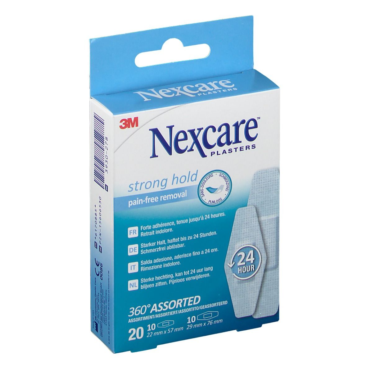 Boîte Nexcare pansements, bleu et blanc. Contient 20 pansements 22x57mm et 10 pansements 29x76mm. "Strong hold" et "360° Assorted".