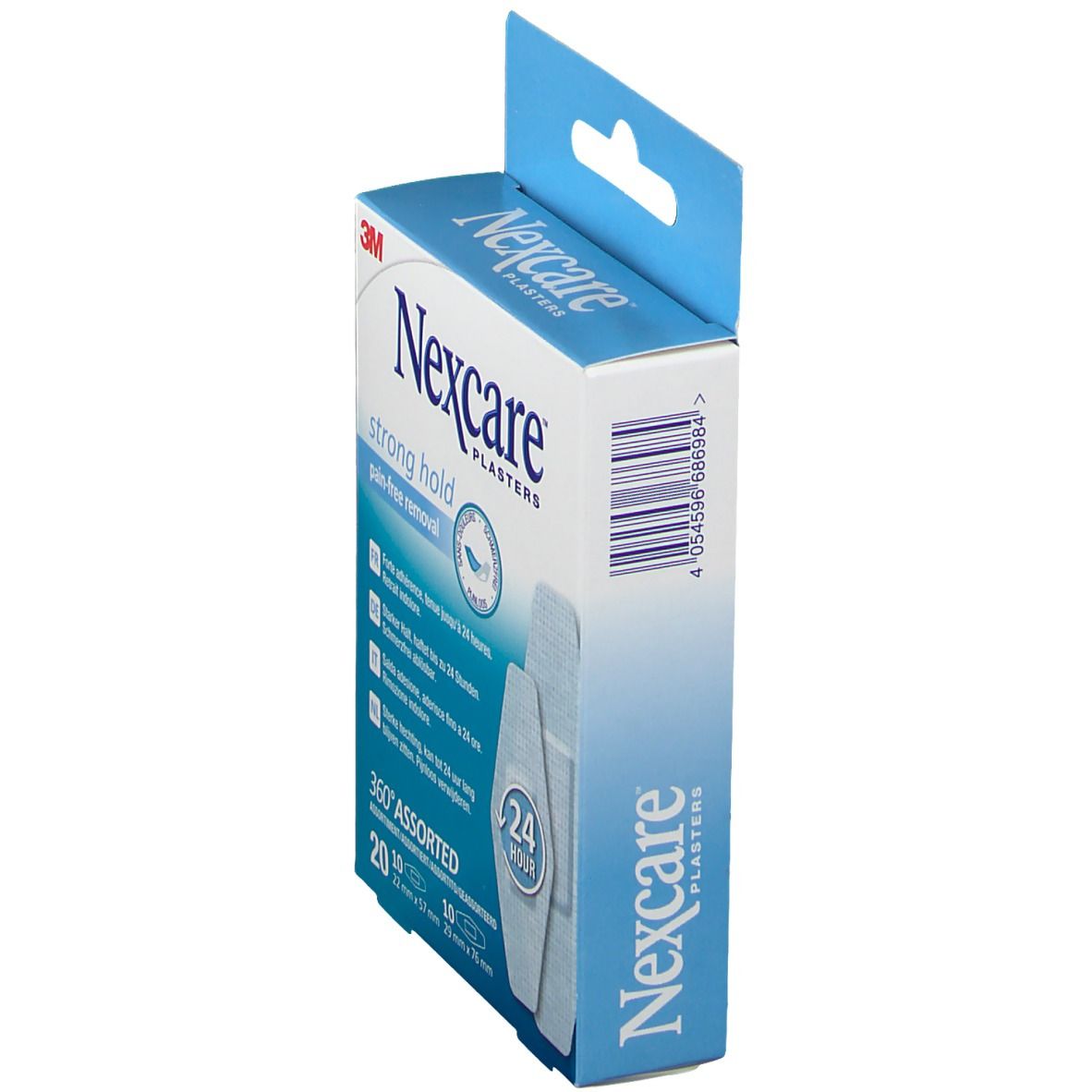 Vue latérale de la boîte de pansements Nexcare. Bleu et blanc. "Nexcare Plasters", "strong hold", "360° Assorted". Code-barres et crochet.