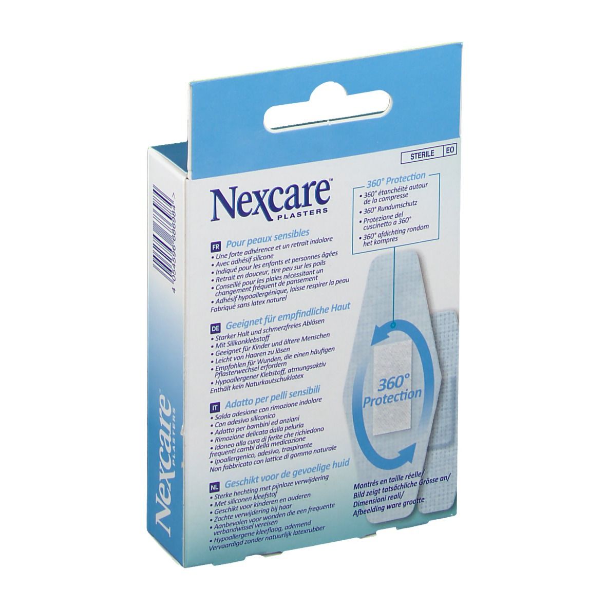 Dos de la boîte de pansements Nexcare. Contient des informations en plusieurs langues. "360° Protection". Stérile.