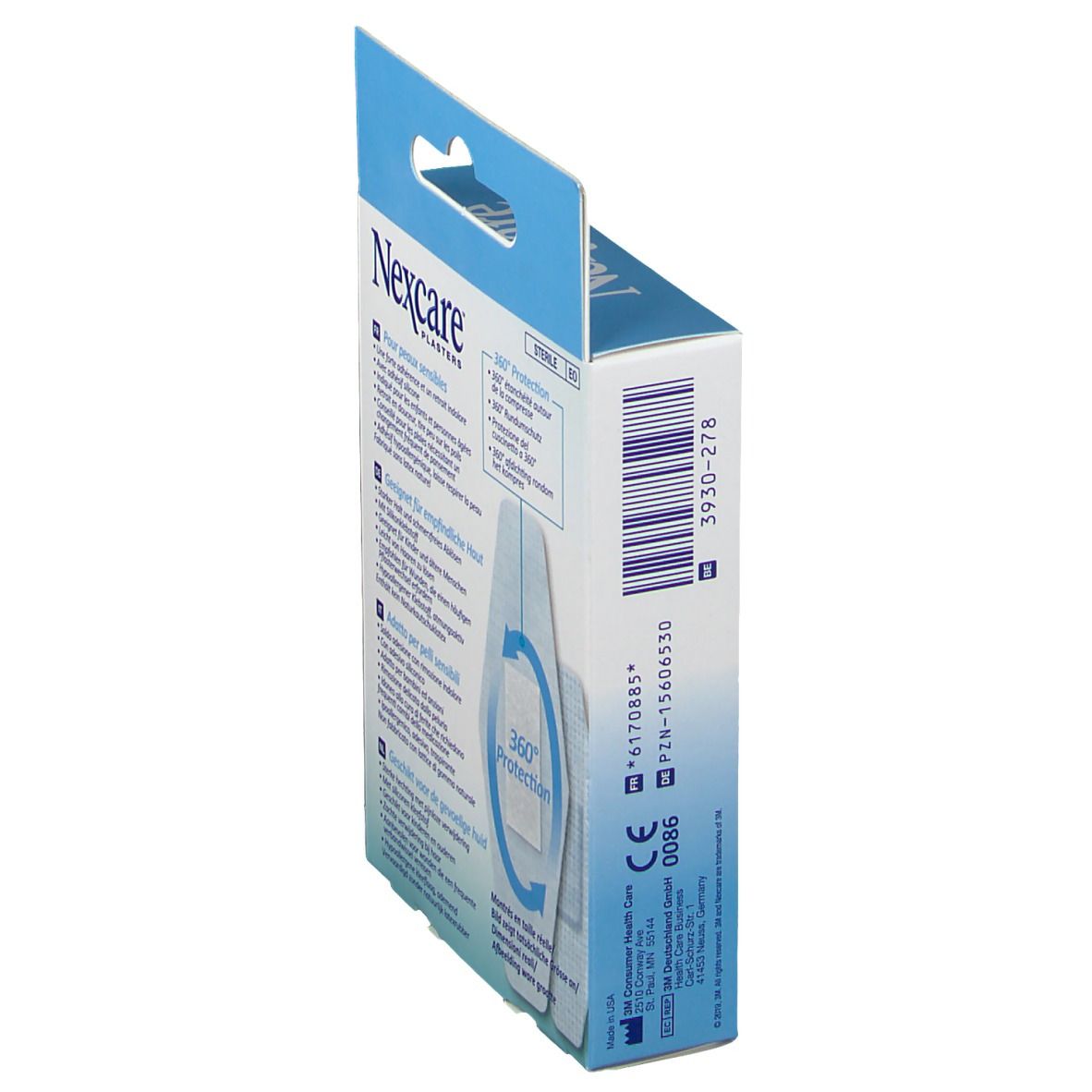 Vue latérale de la boîte de pansements Nexcare. "Nexcare Plasters", "360° Protection". Marquage CE et numéro de lot.