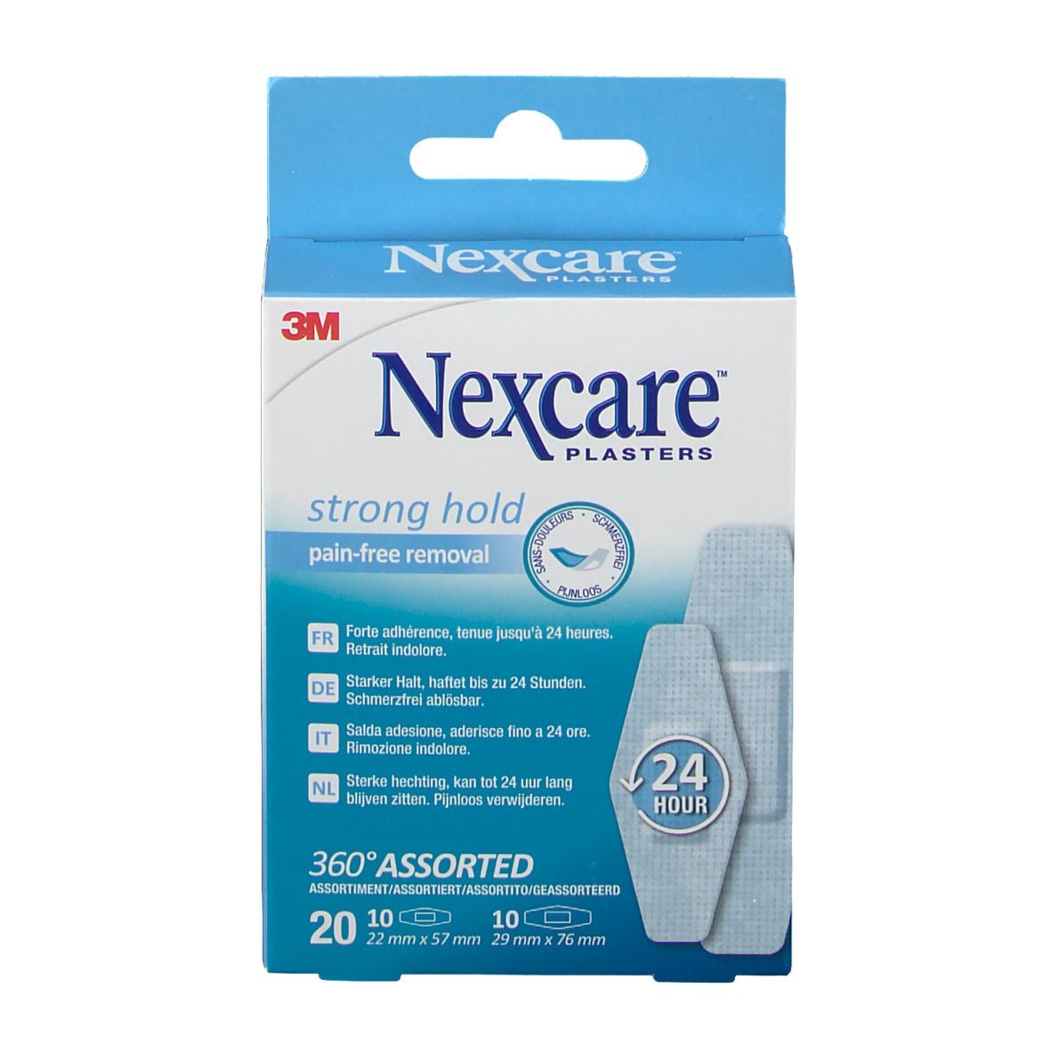 Boîte de pansements Nexcare, bleu et blanc. "Nexcare Plasters", "strong hold", "360° Assorted". Contient 20 et 10 pansements.