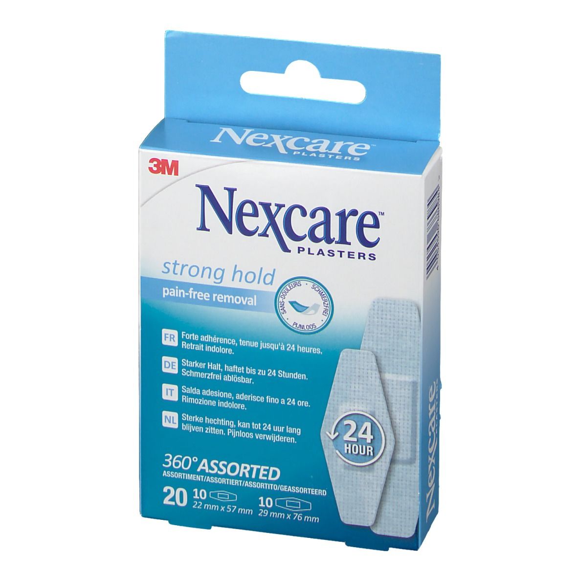 Boîte de pansements Nexcare, bleu et blanc. "Nexcare Plasters", "strong hold", "360° Assorted". Contient 20 et 10 pansements.