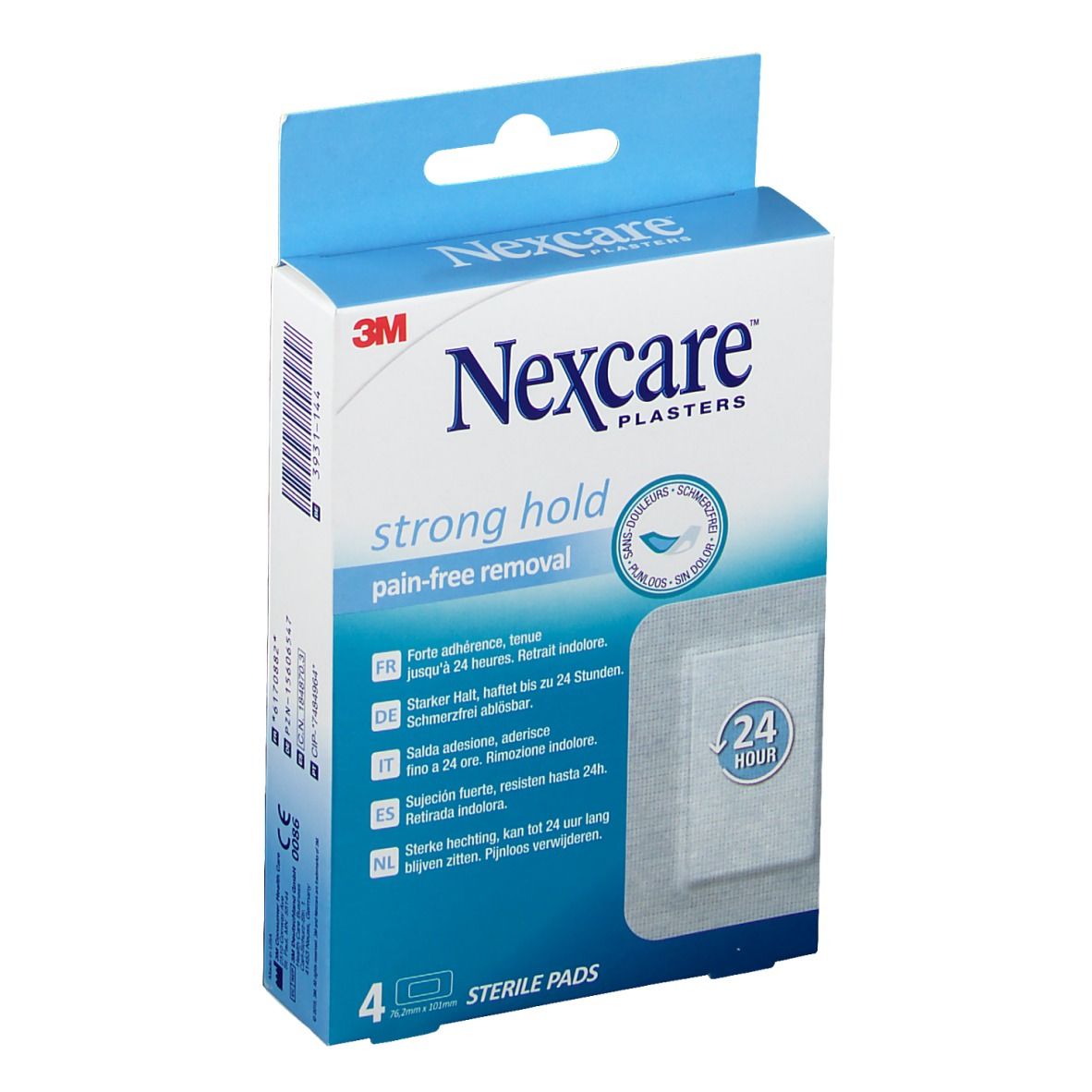 Boîte de pansements Nexcare. Inscription: strong hold, retrait indolore. 4 compresses stériles. Adhérence 24h.