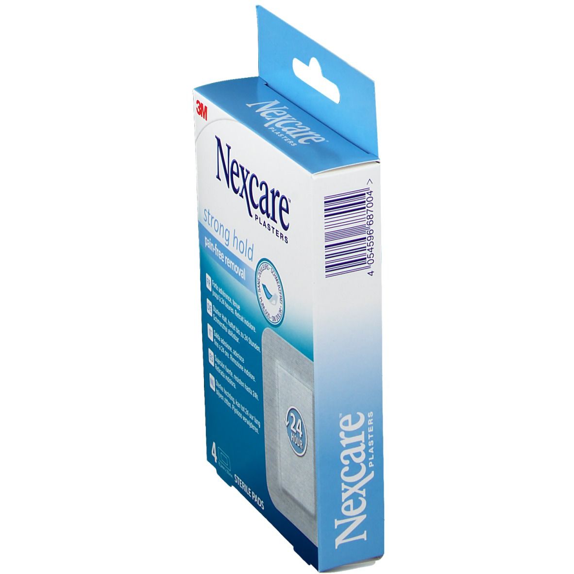 Vue latérale de la boîte de pansements Nexcare. Inscription: strong hold, Nexcare. Code-barres et informations produit.