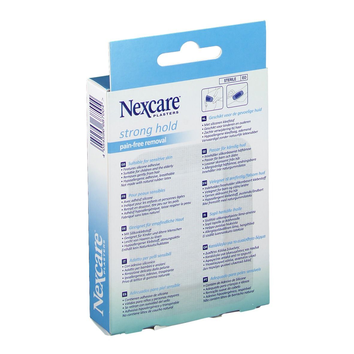 Dos de la boîte de pansements Nexcare. Informations sur l'utilisation et les caractéristiques. Pour peaux sensibles.