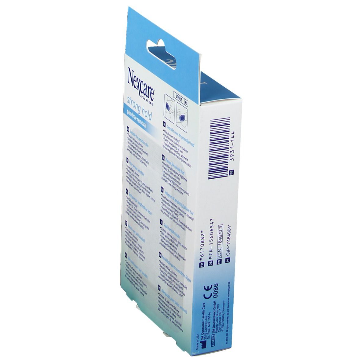 Vue latérale de la boîte de pansements Nexcare. Informations produit et code-barres. Fabriqué en Allemagne.