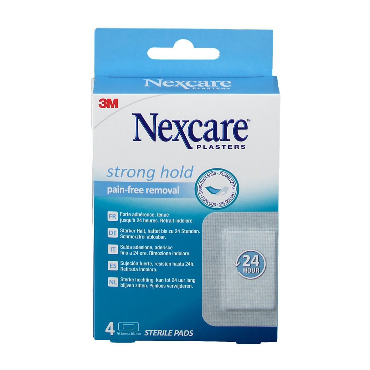 Vue de face de la boîte de pansements Nexcare. Inscription: strong hold, retrait indolore. 4 compresses stériles. 24h.