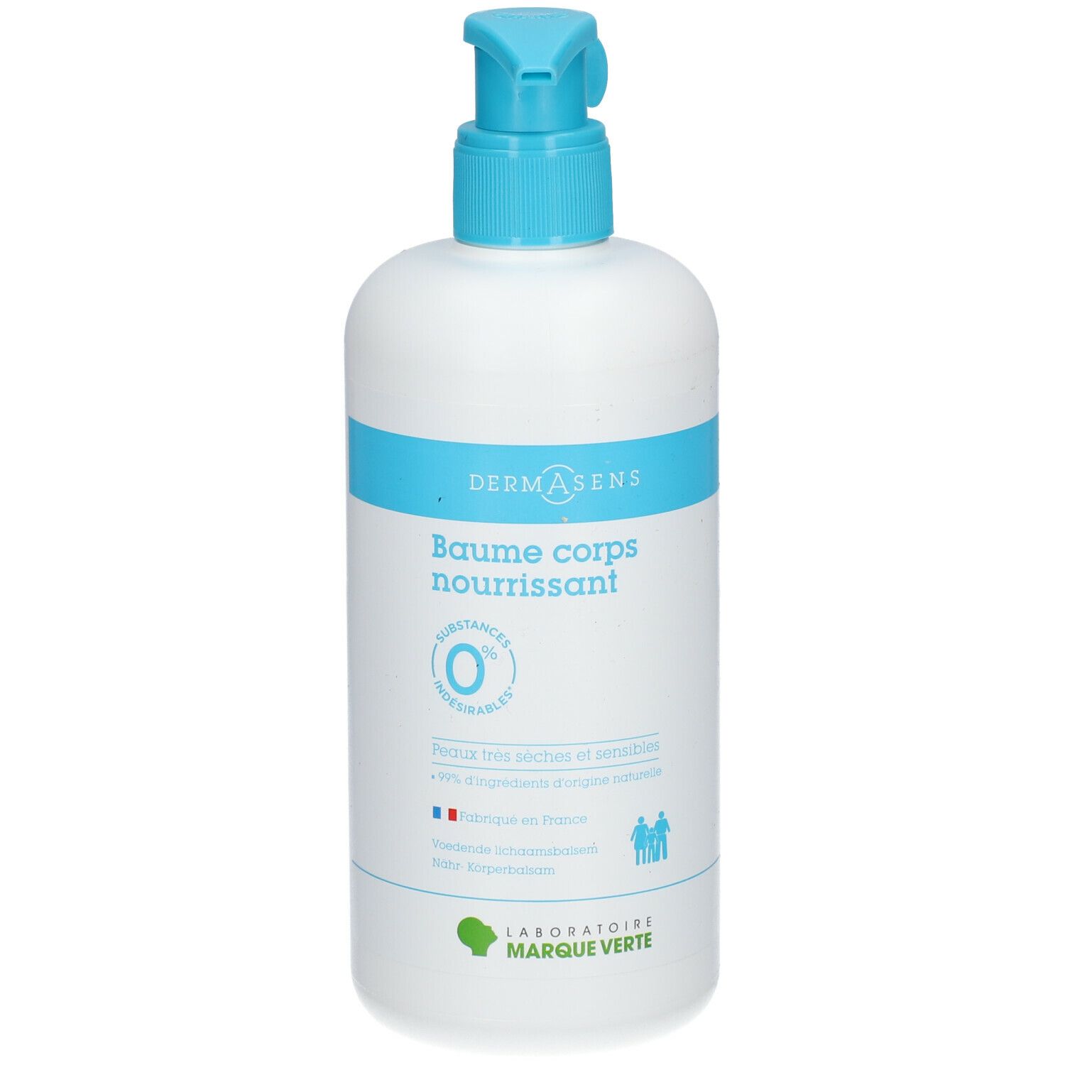 Witte fles met blauwe pomp. Opschrift: DERMASENS, Baume corps nourrissant. Logo: 0% irriterende ingrediënten.