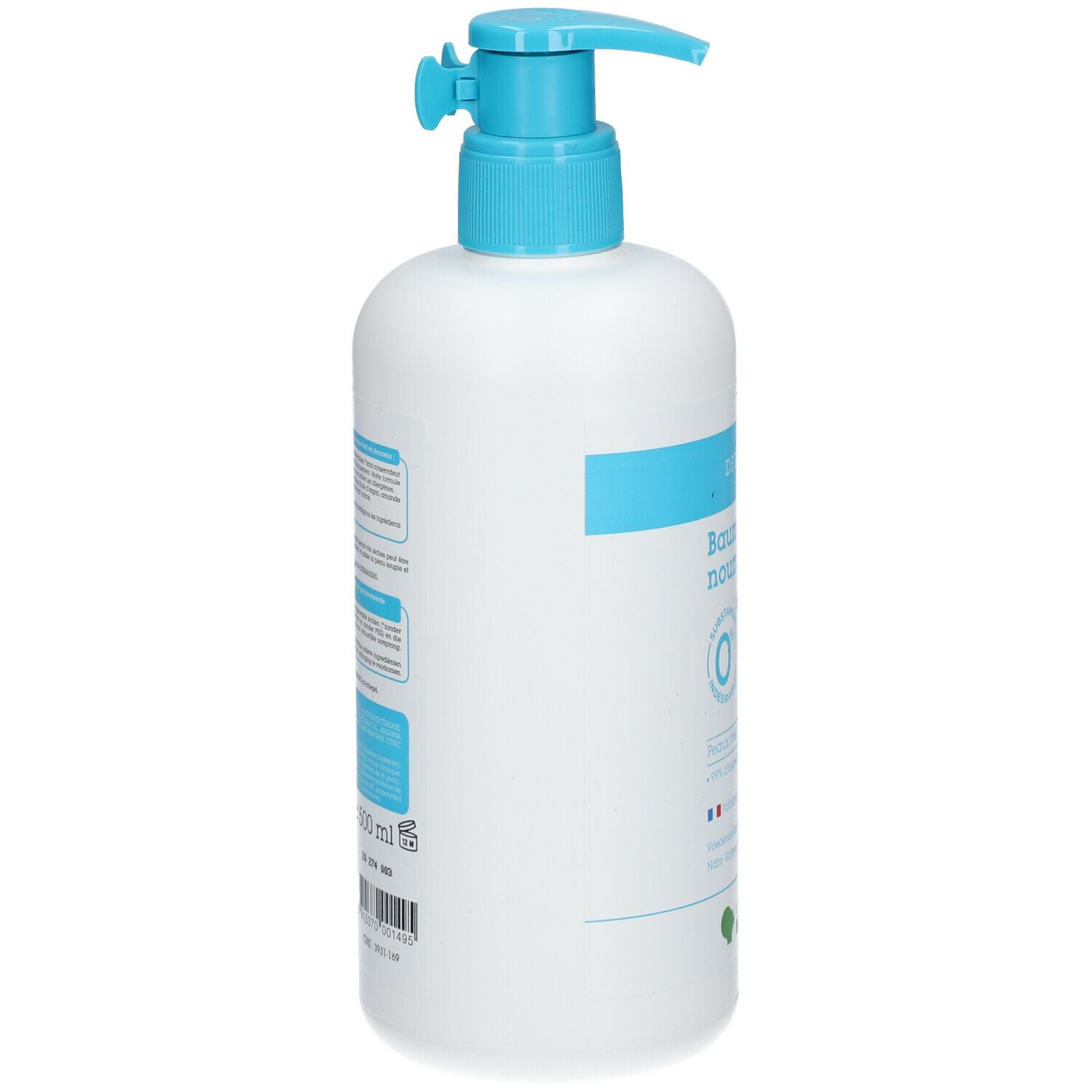 Witte fles met blauwe pomp. Tekst en barcode op de zijkant. Merk: DERMASENS. Product: Baume corps nourrissant.
