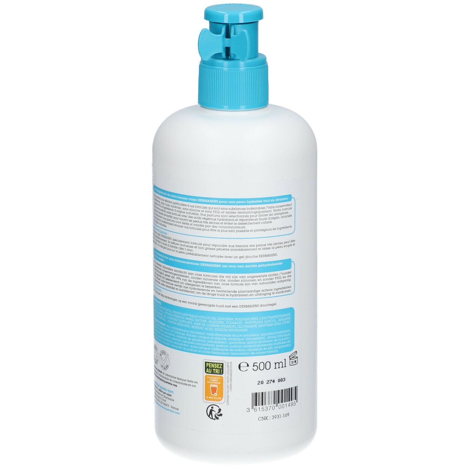 Witte fles met blauwe pomp. Achterkant met tekst. Merk: DERMASENS. Product: Baume corps nourrissant. Volume: 500 ml.