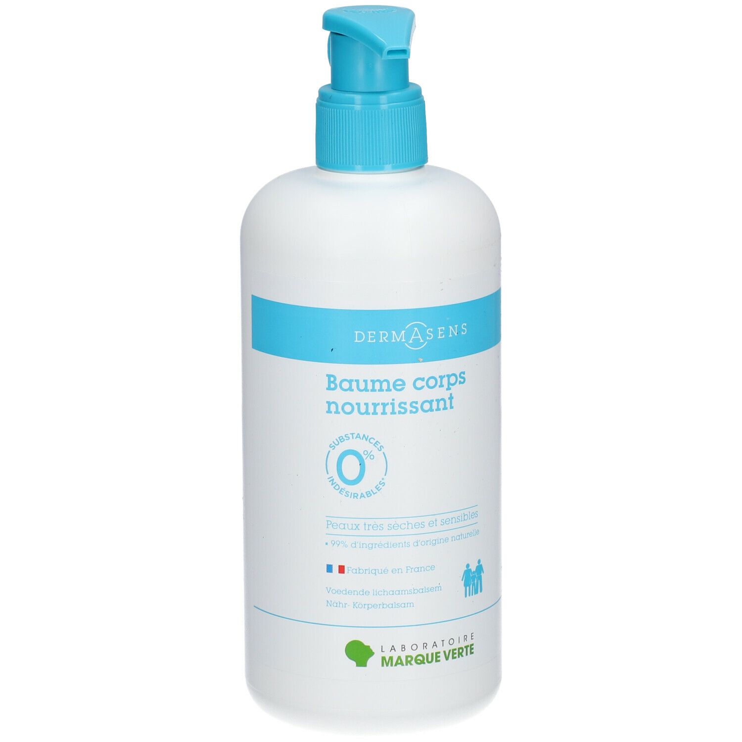 Witte fles met blauwe pomp. Opschrift: DERMASENS, Baume corps nourrissant. Logo: 0% irriterende ingrediënten.