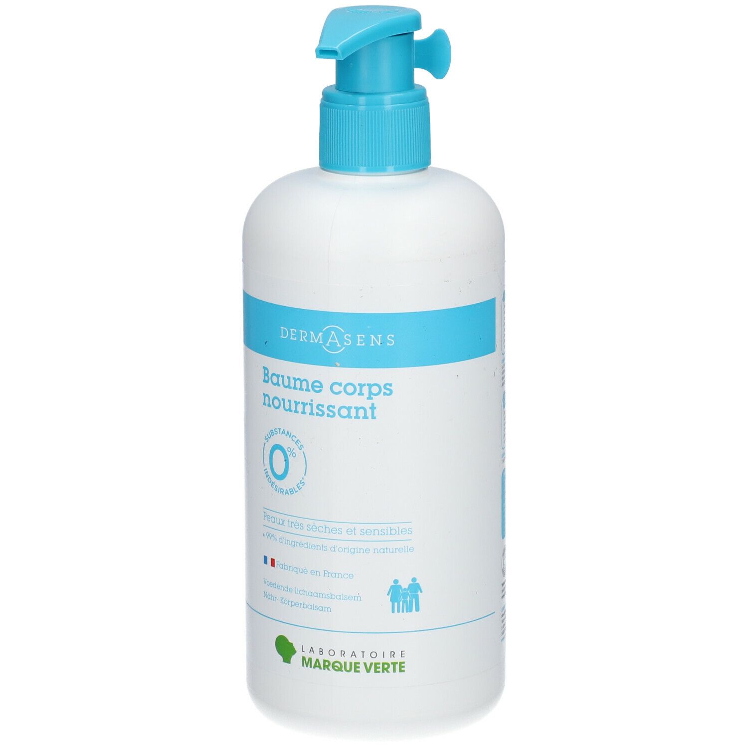 Witte fles met blauwe pomp. Opschrift: DERMASENS, Baume corps nourrissant. Logo: 0% irriterende ingrediënten.