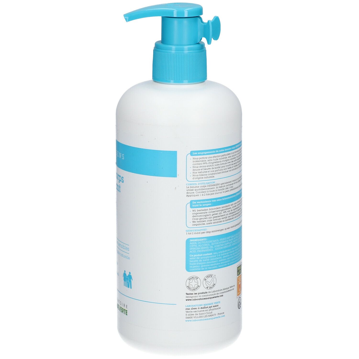 Witte fles met blauwe pomp. Achterkant met tekst. Merk: DERMASENS. Product: Baume corps nourrissant.