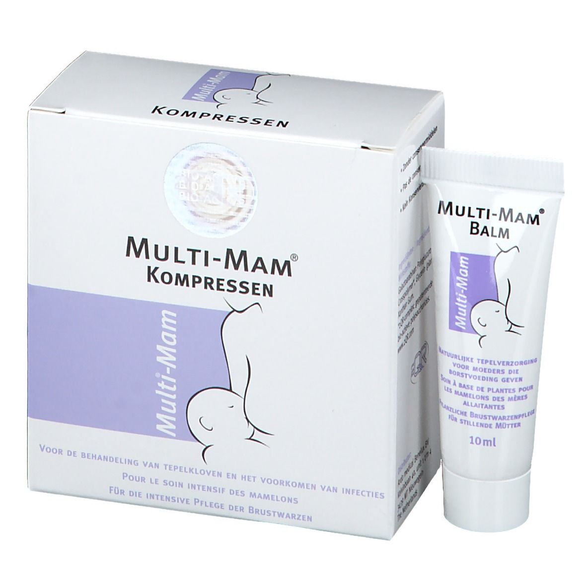 Boîte et tube Multi-Mam Kompressen et Baume. Inscriptions: Multi-Mam, Kompressen, Baume, logo, illustration d'une femme allaitant.