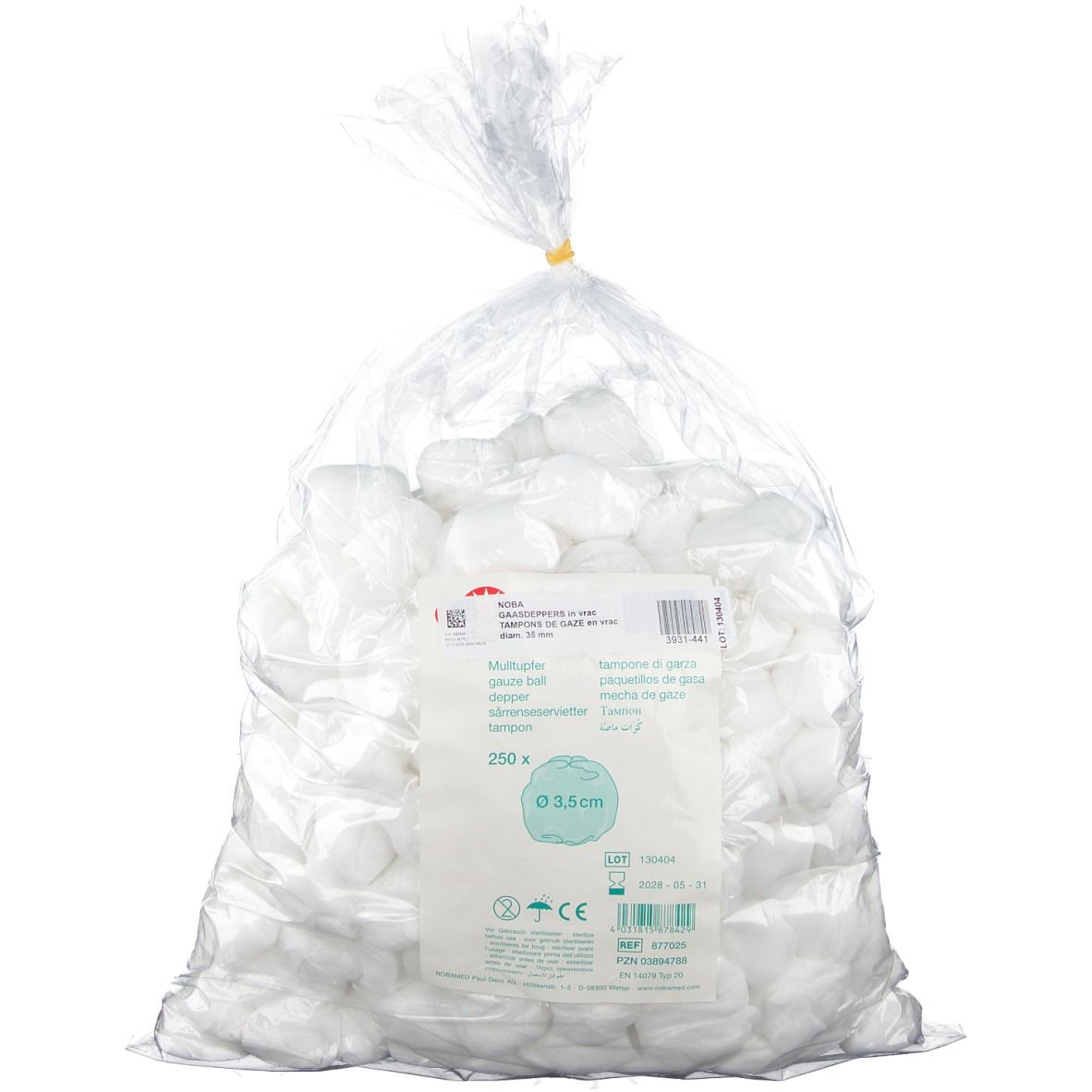 Zak met witte gaasdeppers. Label met productinfo, diameter 3,5 cm, 250 stuks. CE-markering.