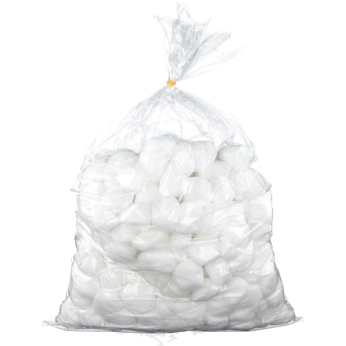 Transparante zak gevuld met witte gaasdeppers. Gele sluiting.