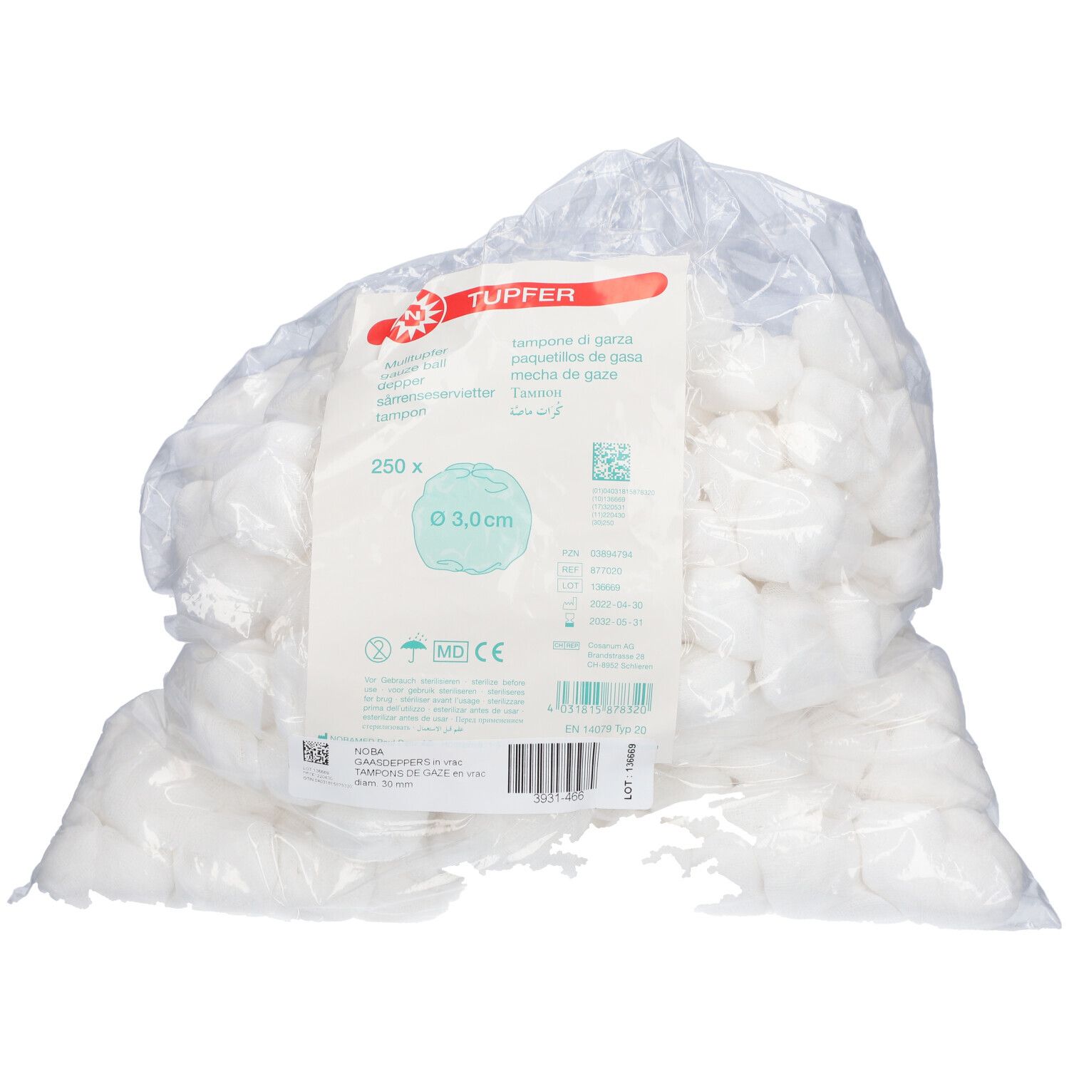 Tampons de gaze en sachet plastique. Diamètre 3,0 cm. 250 unités. Emballage avec informations et code-barres.