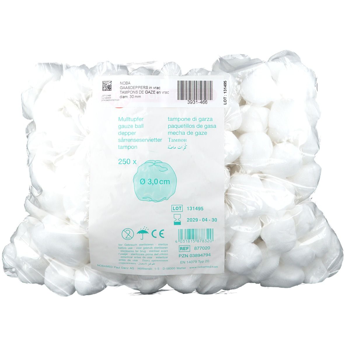 Tampons de gaze en sachet plastique. Diamètre 3,0 cm. 250 unités. Emballage avec informations et code-barres.