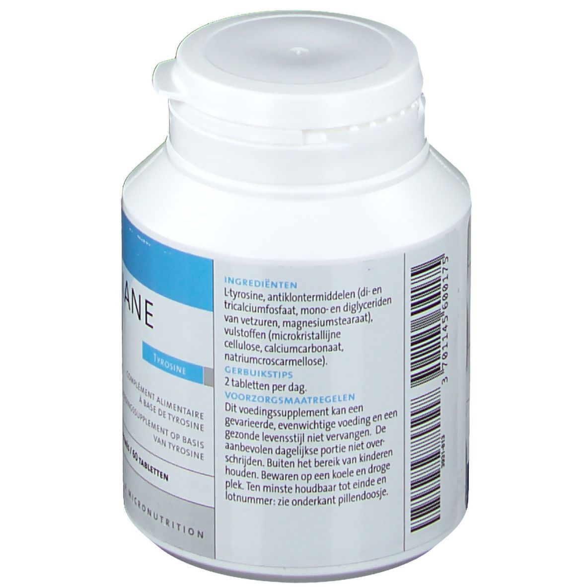 Dos de la bouteille blanche. Contient la liste des ingrédients et les instructions de dosage. Marque: PiLeJe.