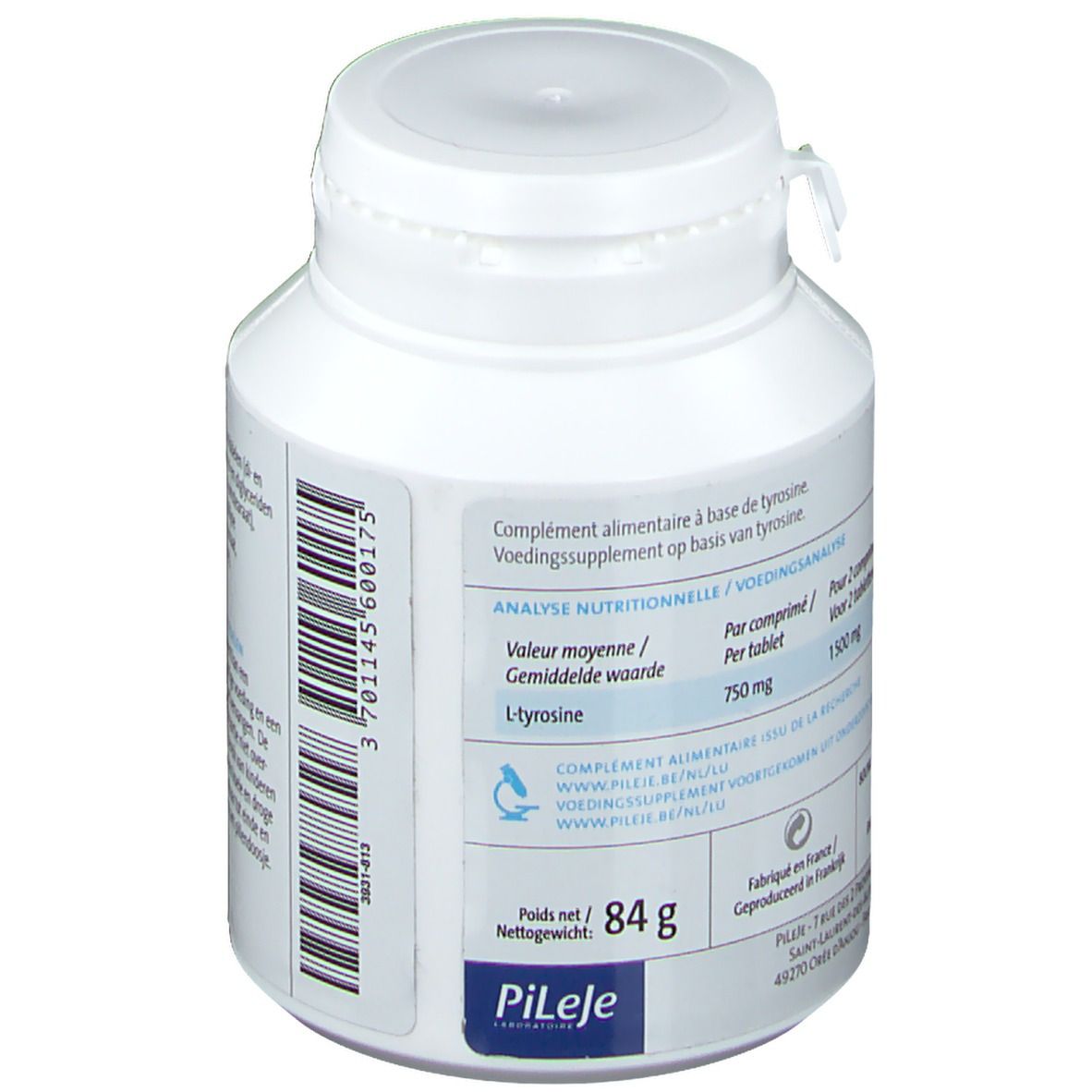 Dos de la bouteille blanche. Contient l'analyse nutritionnelle et le poids net: 84 g. Marque: PiLeJe.