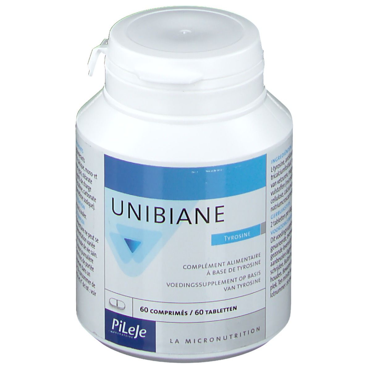 Flacon blanc avec étiquette bleu et blanc. Inscription: UNIBIANE, Tyrosine, 60 comprimés. Marque: PiLeJe.