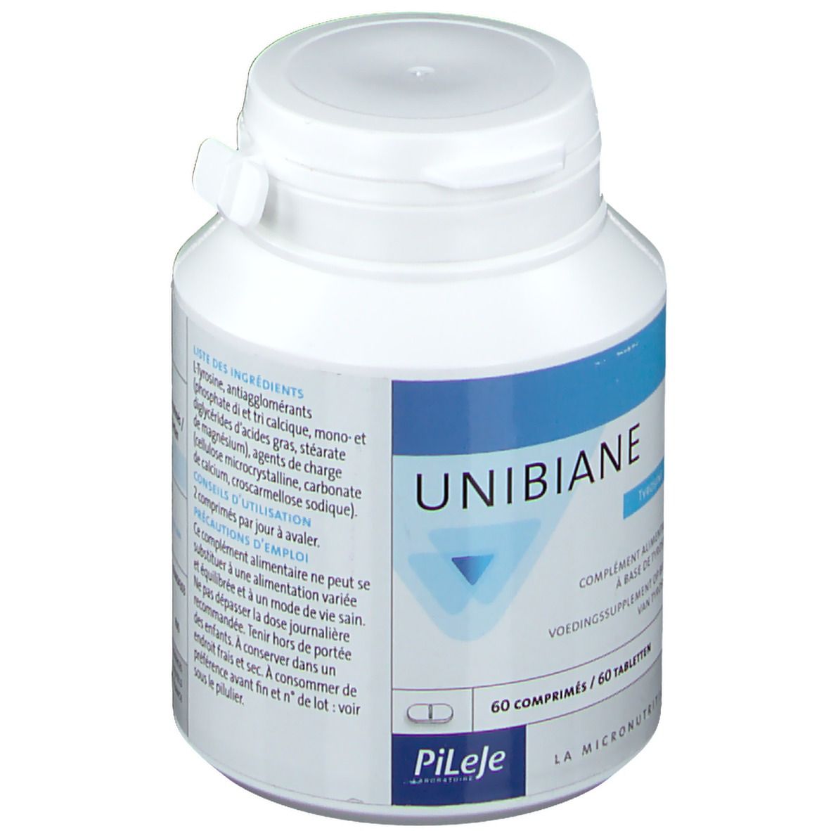 Flacon blanc avec étiquette bleu et blanc. Inscription: UNIBIANE, Tyrosine, 60 comprimés. Marque: PiLeJe.