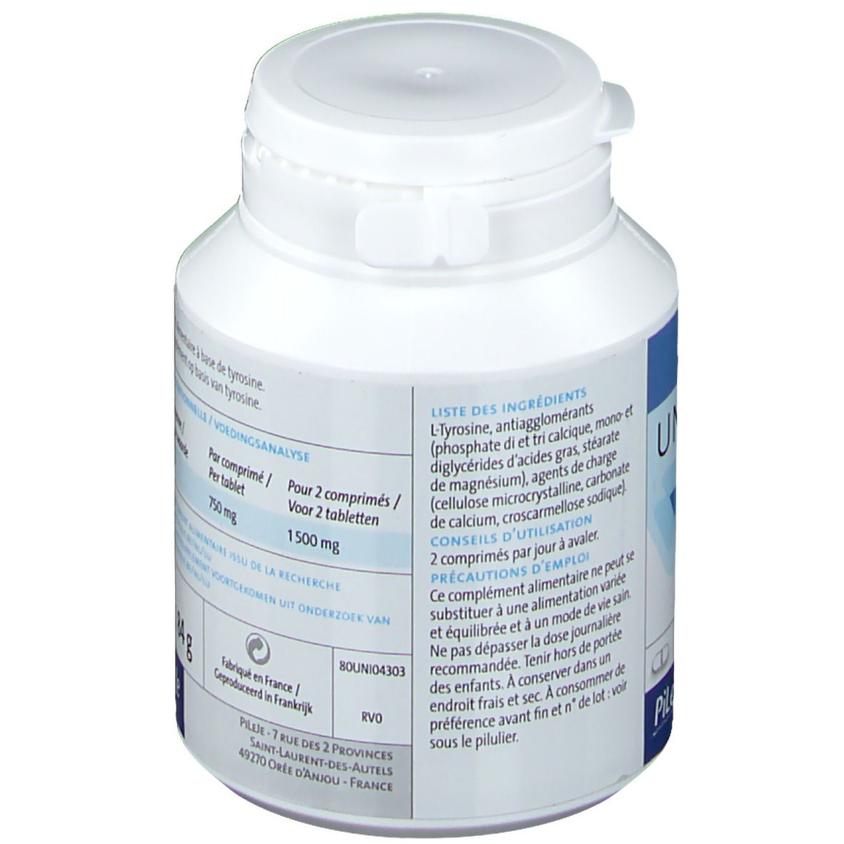 Dos de la bouteille blanche. Contient la liste des ingrédients et les instructions de dosage. Marque: PiLeJe.
