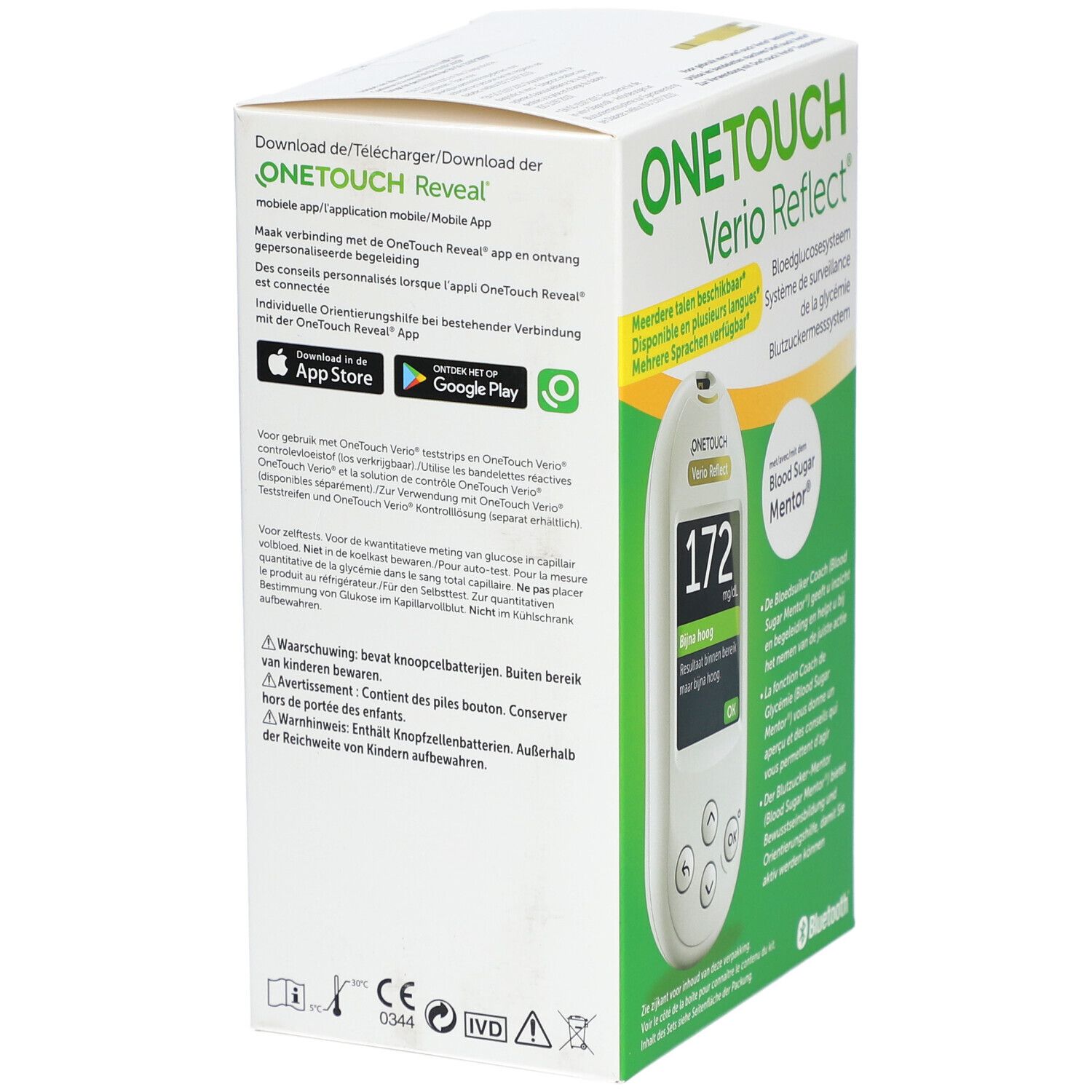 Achterkant verpakking OneTouch Verio Reflect. App-logo's: App Store, Google Play. CE-markering.