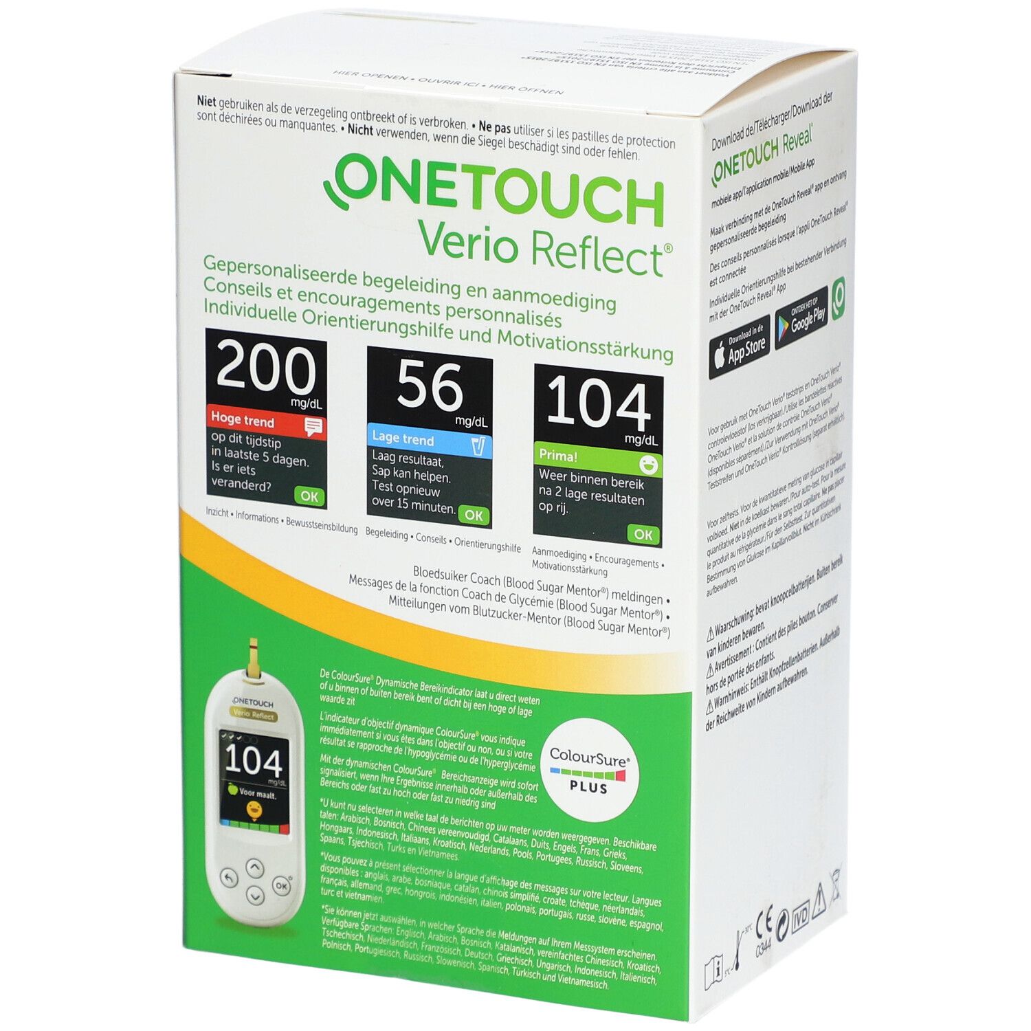 Achterkant verpakking OneTouch Verio Reflect. Displays: 200, 56, 104 mg/dL. Kleurindicator.